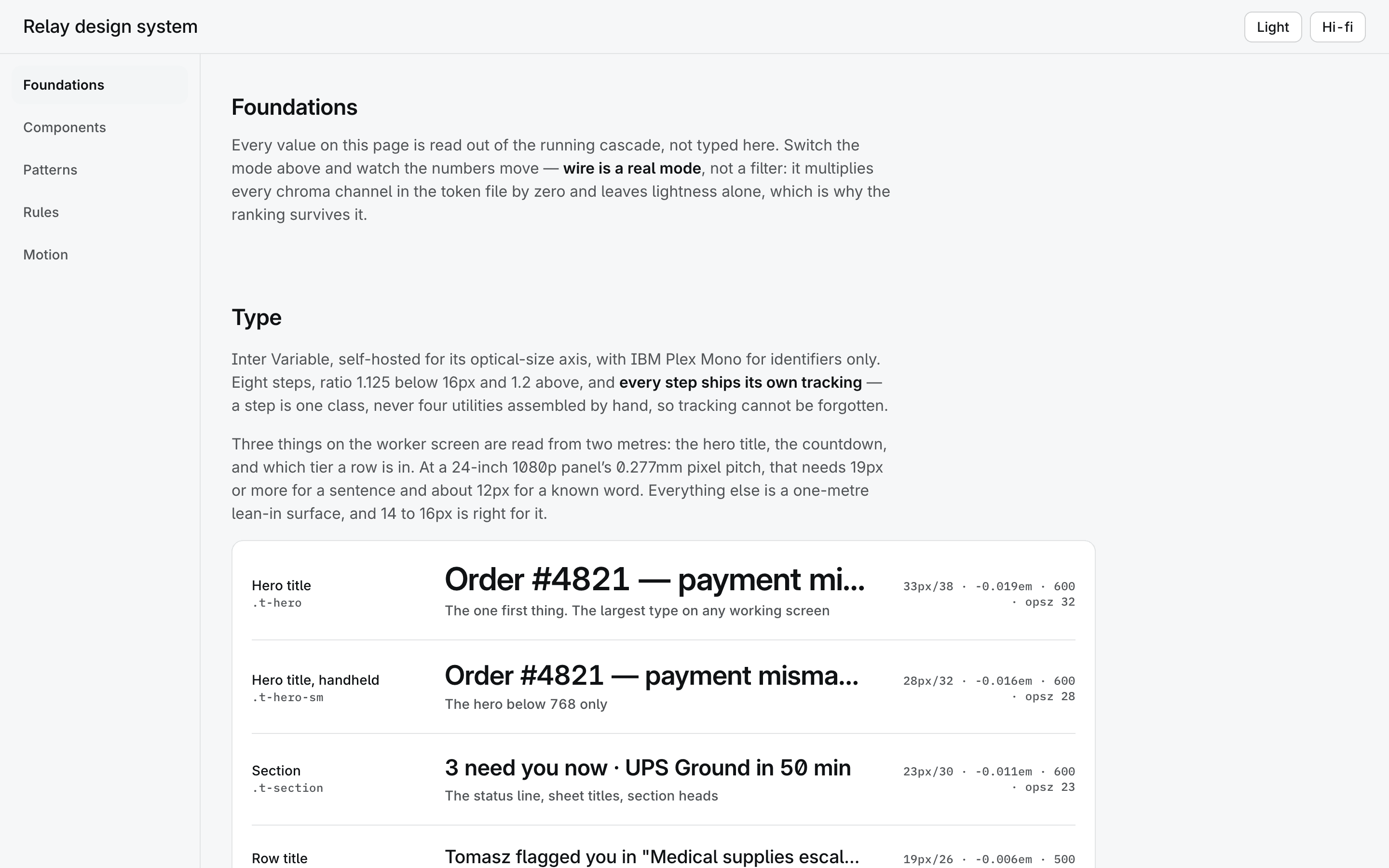 The design system page, showing the type scale with every size, tracking and optical size measured from the live stylesheet.