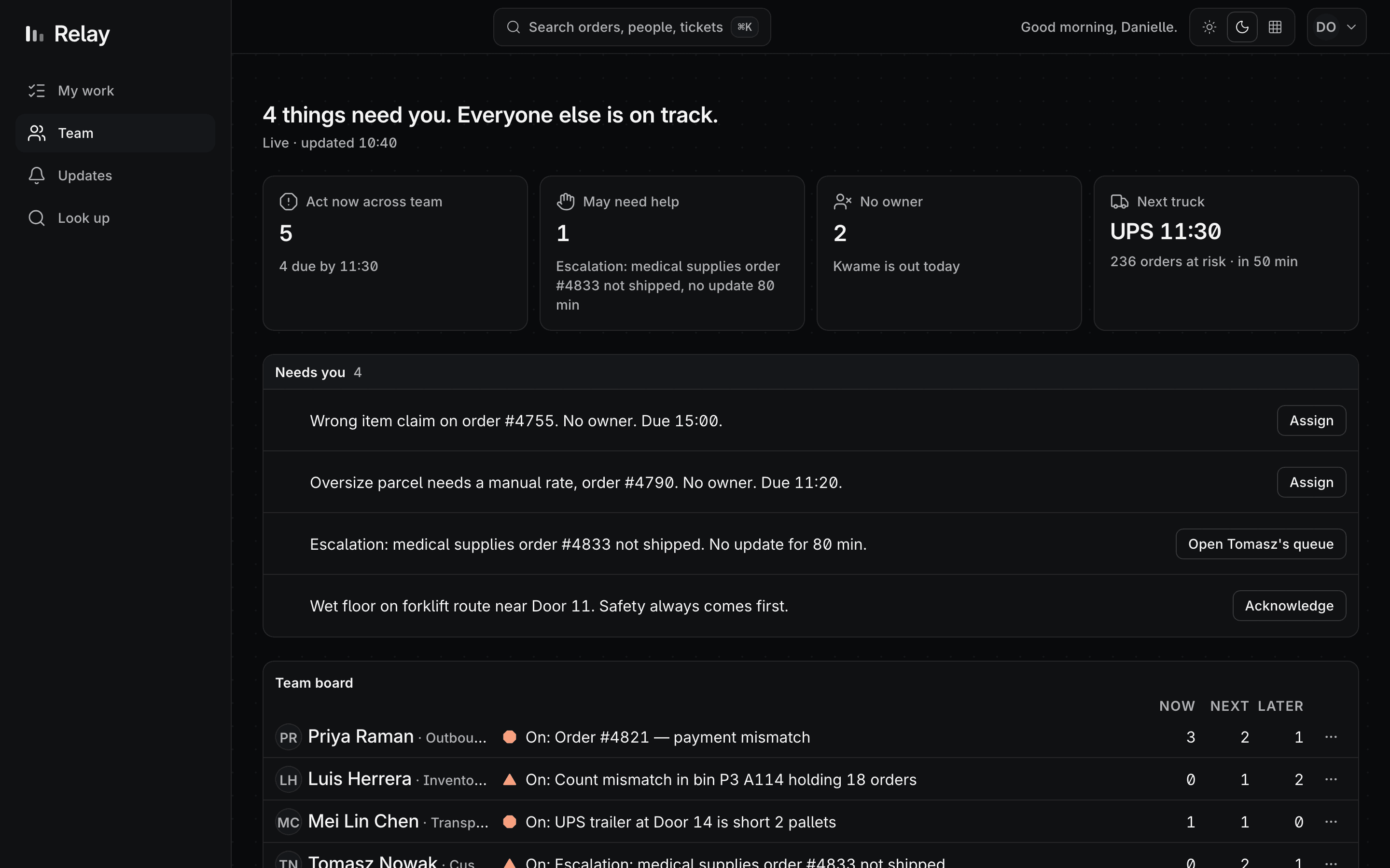 The manager's screen in dark mode: a status sentence, four filter tiles, a Needs-you list, then a board of people.